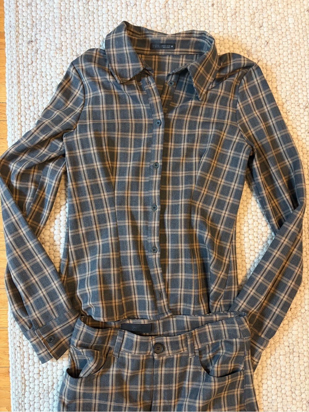 Zara Plaid Button-Up Set in Grey and Tan